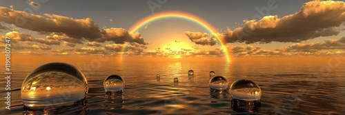 Sunset Over Ocean with Rainbow and Reflective Spheres - Ideal for Tranquil Nature Scenes