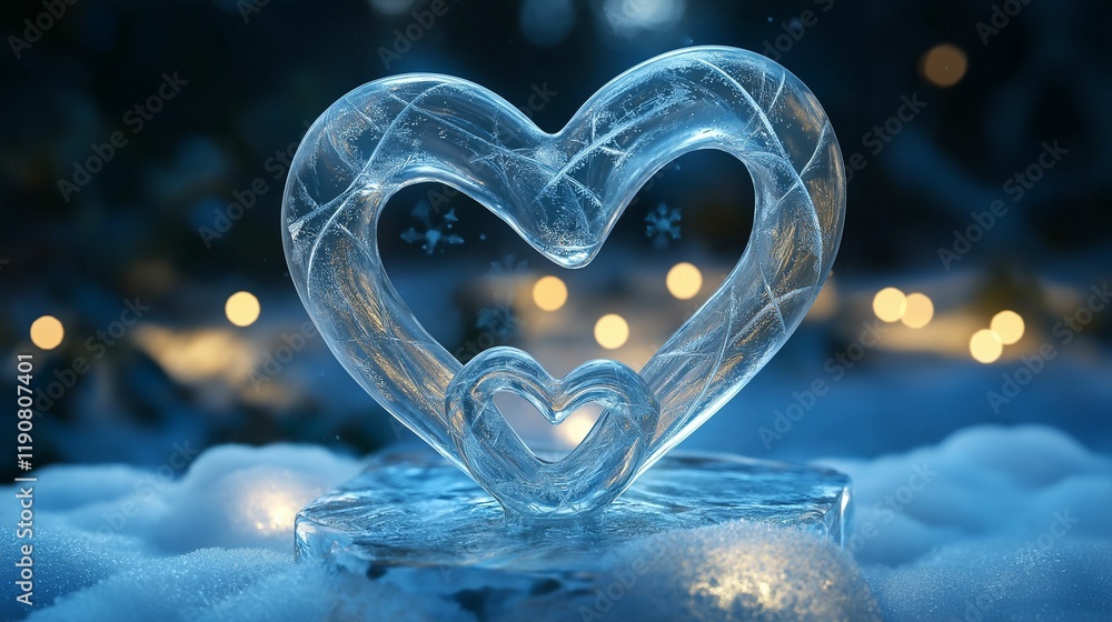 Fototapeta premium A 3D sculpture of two intertwined hearts, encased in an ice block with 2D swirling snowflakes and soft glowing lights, creating a romantic winter feel