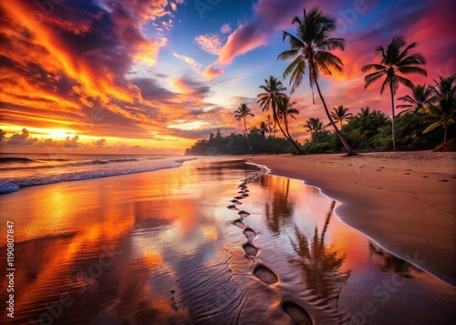 Sunset Beach Footprints Double Exposure - Serene Coastal Scene