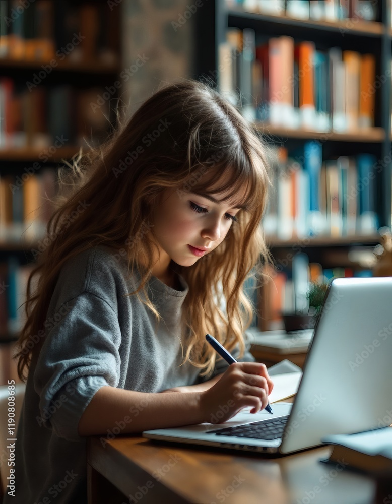 Focused Girl Studies in Library: Serene Laptop Learning Focused Girl Studies in Library: Serene Laptop Learning
