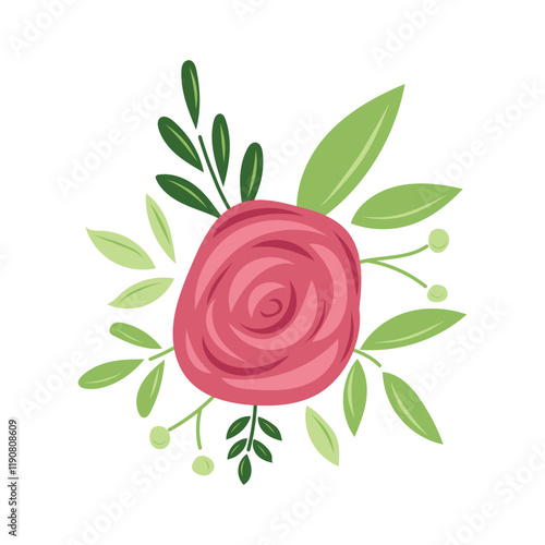 Cute red rose flower with leaves isolated on white background. Hand drawn vector illustration in flat style. Wedding bouquet, love gift, happy Valentines day design, greeting card, wedding buttonhole