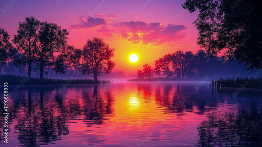 Serene Sunset over a Calm Lake with Silhouetted Trees: A Digital Painting Serene Sunset over a Calm Lake with Silhouetted Trees: A Digital Painting