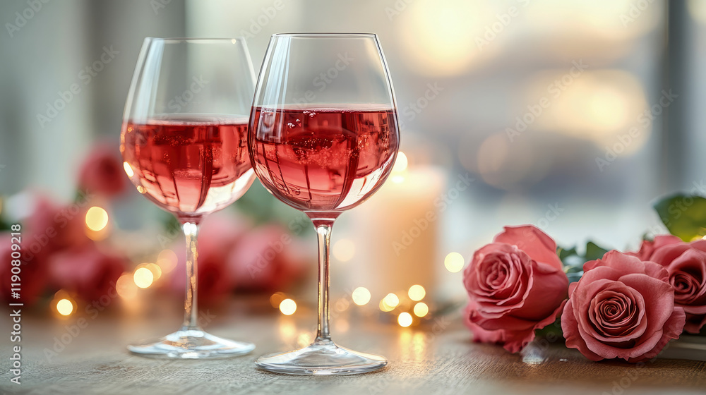 Romantic Evening: Two Glasses of Rosé Wine with Roses and Lights Romantic Evening: Two Glasses of Rosé Wine with Roses and Lights