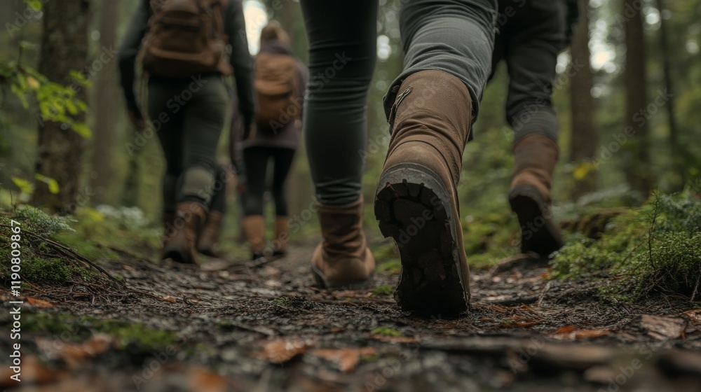 group of hikers trekking through the forest with focus on boots and forest trail group of hikers trekking through the forest with focus on boots and forest trail