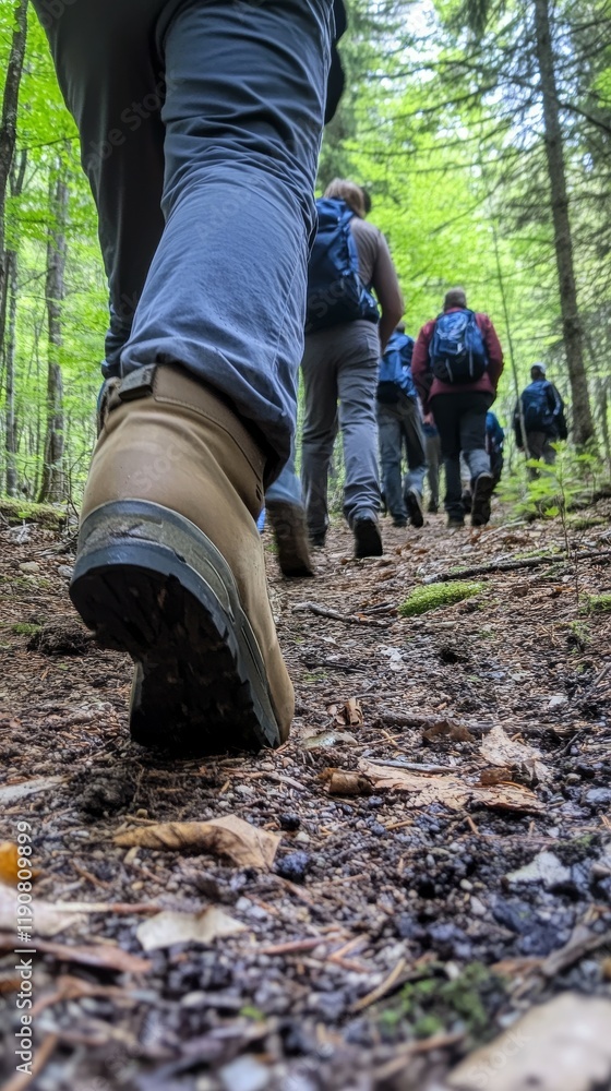 group of hikers trekking through the forest with focus on boots and forest trail group of hikers trekking through the forest with focus on boots and forest trail