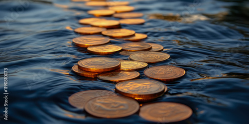 Golden Coins Floating on Water: A Wealth Concept Image photo