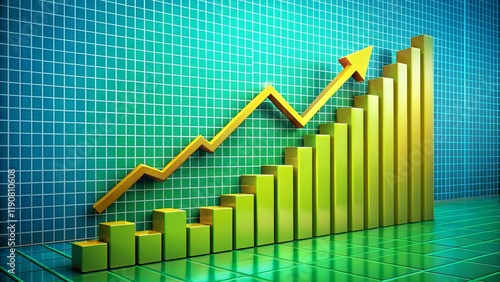 Surreal Business Graph: Upward Trend Turning Down, Blue Bar Chart on Green Grid Background photo