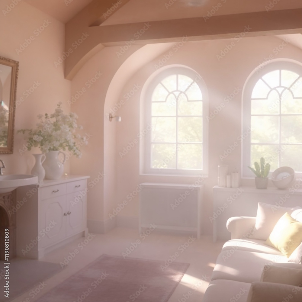 Fototapeta premium Bright and airy living room interior with soft sunlight and elegant decor