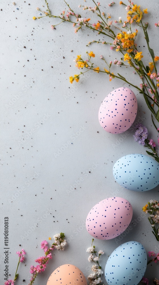 Minimalist Composition of Decorative Eggs Surrounded by Wildflowers and Natural Elements Perfect for Celebrating Easter and Chinese New Year Minimalist Composition of Decorative Eggs Surrounded by Wildflowers and Natural Elements Perfect for Celebrating Easter and Chinese New Year