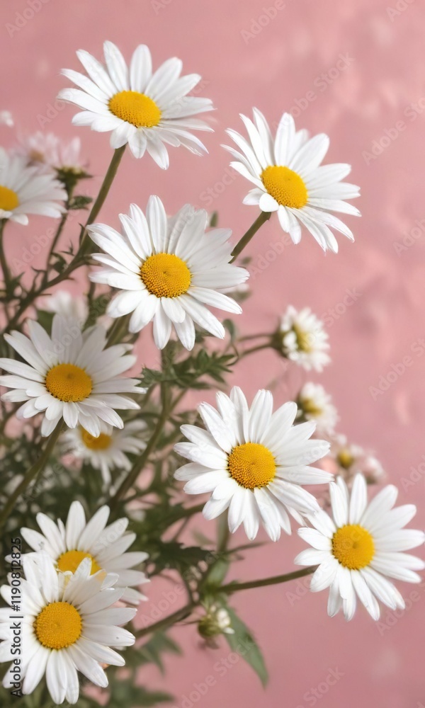 Fototapeta premium Delicate white daisies decorating a soft pink surface, event, decorate, petals, holiday