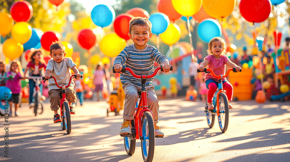 Fototapeta premium A group of children riding bikes with colorful balloons in the background