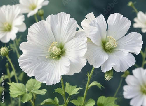 Delicate white musk mallow flower in watercolor painting, art, floral, botanical