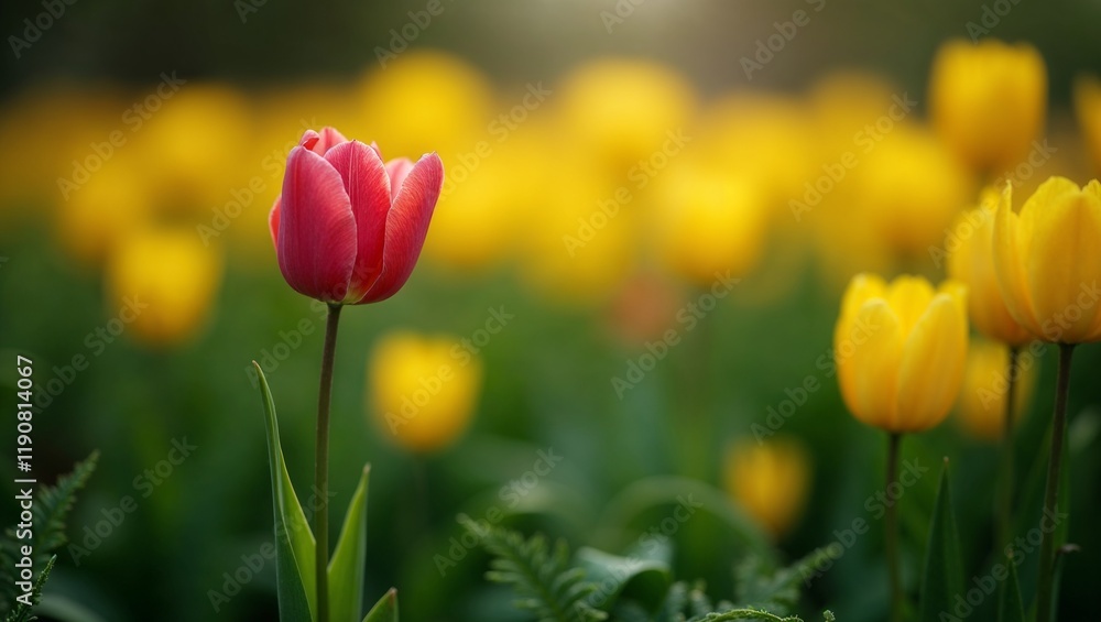 Vibrant pink tulip standing out among yellow tulips in a sunlit garden Vibrant pink tulip standing out among yellow tulips in a sunlit garden