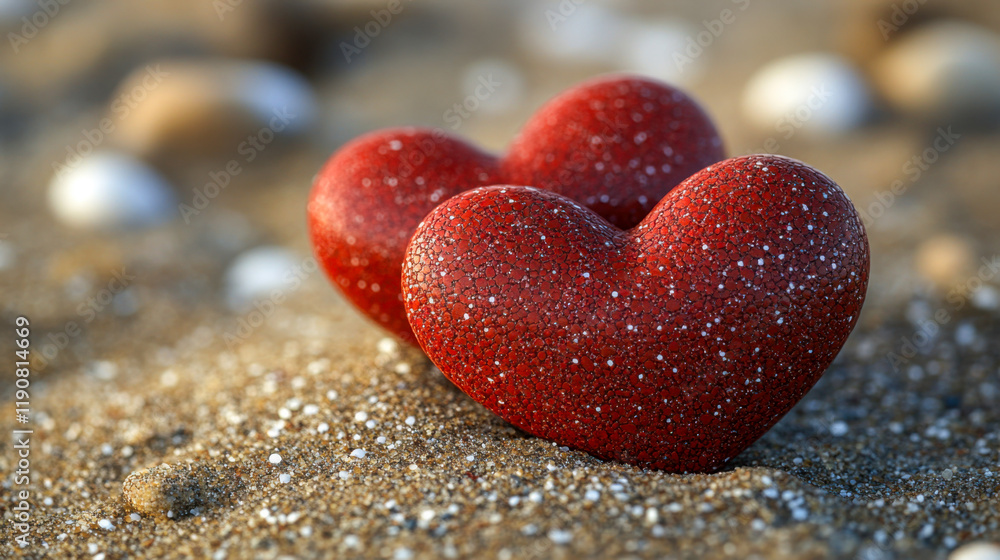 Obraz premium Red heart shapes on sandy beach surrounded by small stones at sunset create a romantic atmosphere for couples