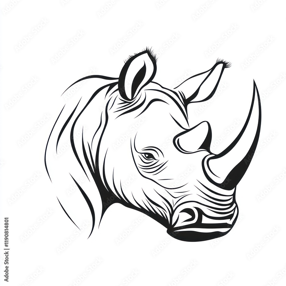 Rhino head, profile view, monochrome, African wildlife, isolated, design element Rhino head, profile view, monochrome, African wildlife, isolated, design element