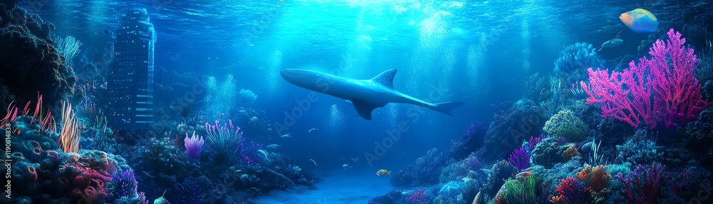 Fototapeta premium Serene underwater scene with vibrant coral and sunlight filtering through the ocean. Perfect for backgrounds, marine life projects, or calming visuals.