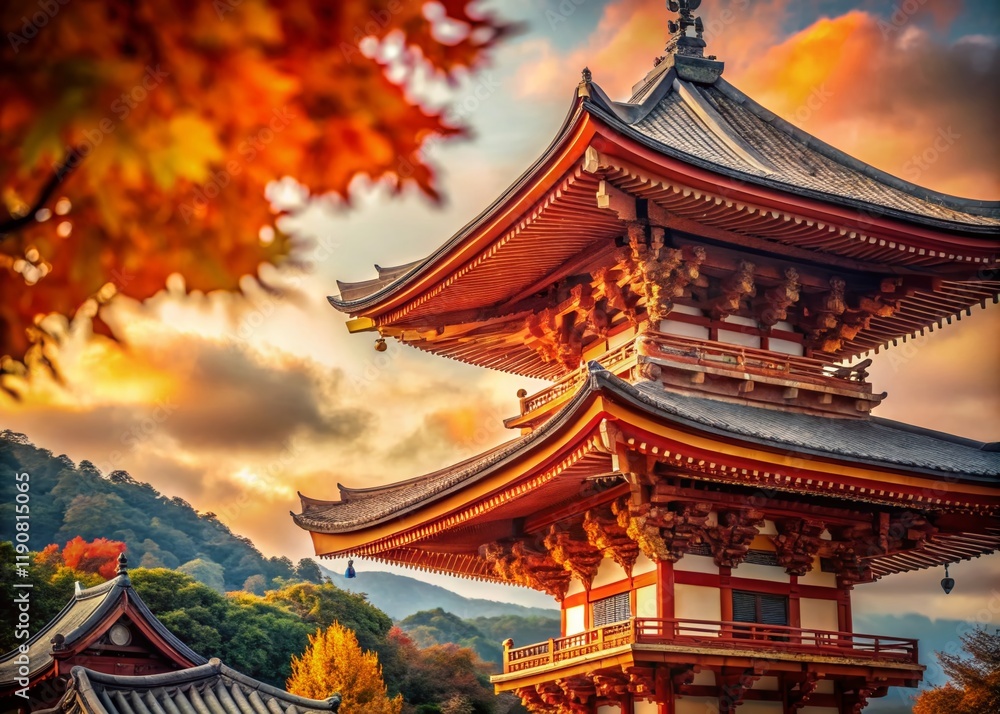 Kiyomizu-dera Temple Rooftop, Kyoto, Japan: Stunning Bokeh Low-Angle View of Red Pagoda Wooden Architecture Kiyomizu-dera Temple Rooftop, Kyoto, Japan: Stunning Bokeh Low-Angle View of Red Pagoda Wooden Architecture