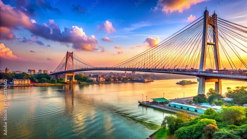 Naklejka premium Kolkata's Second Hooghly Bridge: Stunning Cable-Stayed Bridge Over River Hooghly, India