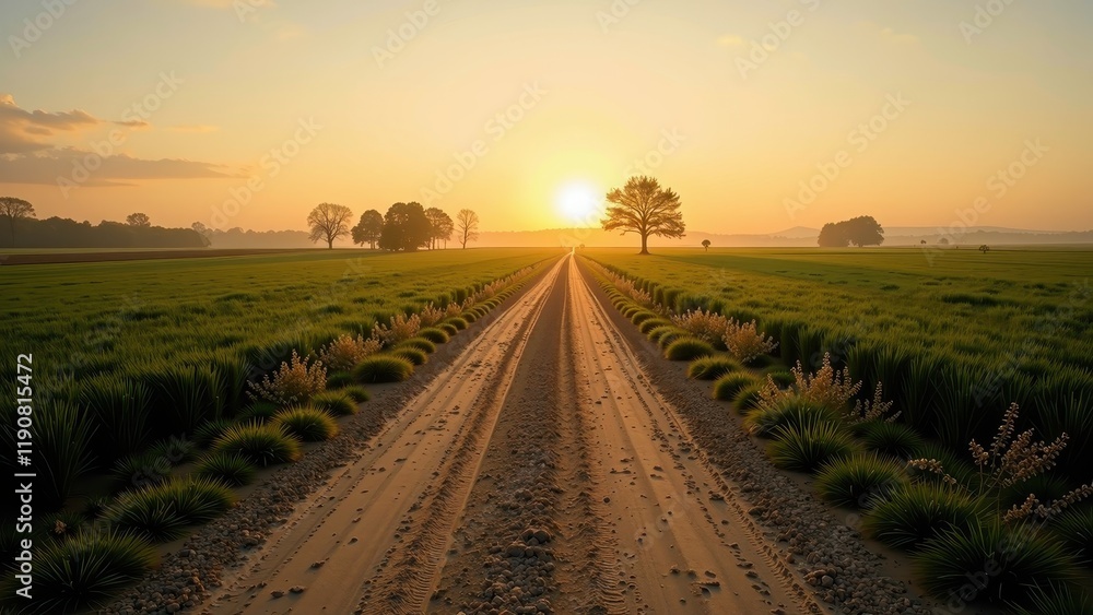 Fototapeta premium A serene green field stretches ahead, framed by a winding dirt road marked with tire tracks and pebbles at its edges. As the sun sets beyond the horizon, golden light bathes the landscape in a warm gl