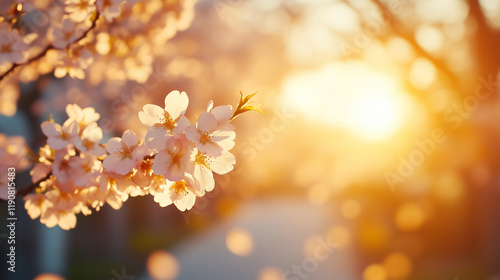 Cherry Blossom Pathway Glowing Under Gentle Morning Sunlight. cherry blossom pathway, morning sunlight, gentle glow, tranquil walk, spring blossoms, peaceful atmosphere, floral tun