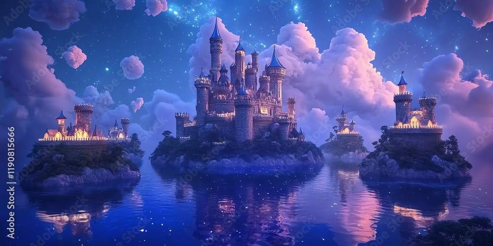 Obraz premium Low-angle view of an enchanting castle surrounded by floating islands