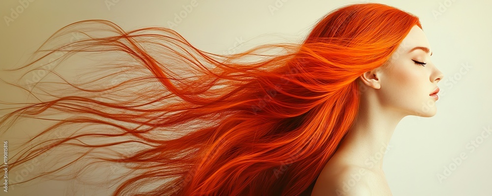 The screen shows a hair model with long, healthy, shiny red hair that has been well-maintained in a beauty salon, with her hair blowing in the wind. The screen shows a hair model with long, healthy, shiny red hair that has been well-maintained in a beauty salon, with her hair blowing in the wind.