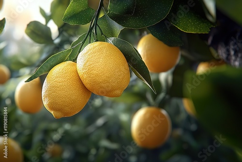 Photo of fresh ripe lemons hanging between green leaves on a lemon tree in an orchard