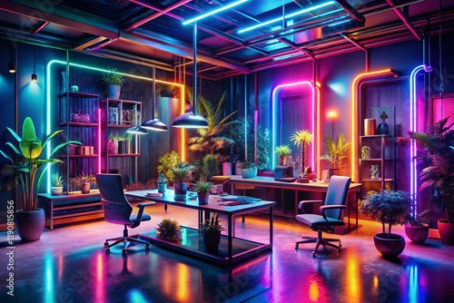 Surreal Neon Office Signs: Vibrant Retro Lighting in a Dreamlike Setting
