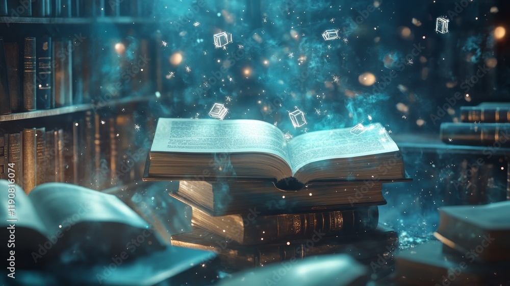 A floating library made of crystal and light, with books hovering and magical symbols glowing in the air, book fantasy with copy space A floating library made of crystal and light, with books hovering and magical symbols glowing in the air, book fantasy with copy space