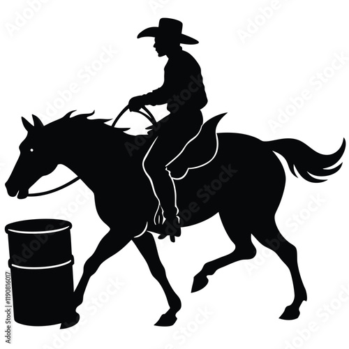 a black vector silhouette of a cowboy riding a horse in a dynamic barrel racing pose,