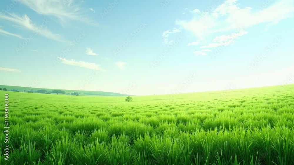 Fototapeta premium A serene green field bathed in sunlight, crowned by a lone tree, under a soft azure sky dotted with gentle white clouds.