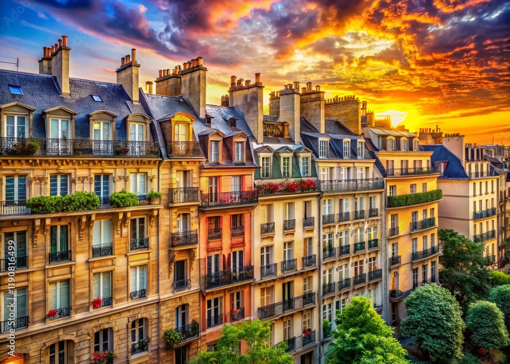 Obraz premium Surreal Parisian Architecture: Panoramic View of Dreamlike Houses