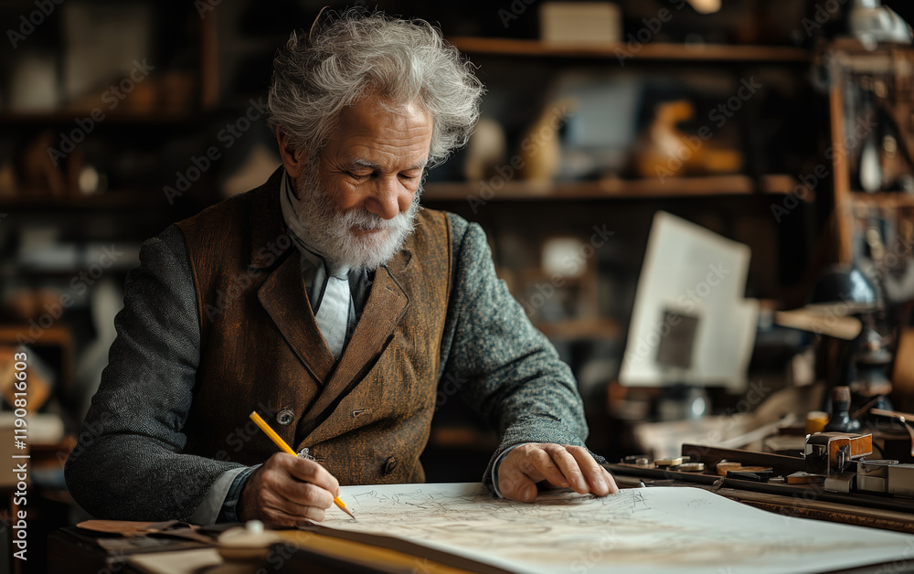 Masterful strokes, a legacy in the making. An aged artist meticulously crafts a detailed drawing in his rustic workshop. Masterful strokes, a legacy in the making. An aged artist meticulously crafts a detailed drawing in his rustic workshop.