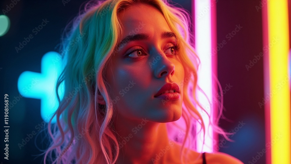 Fototapeta premium A striking portrait of a beautiful woman with shoulder-length multicolored hair looking off to the side, with a vibrant neon background casting a soft glow on her face