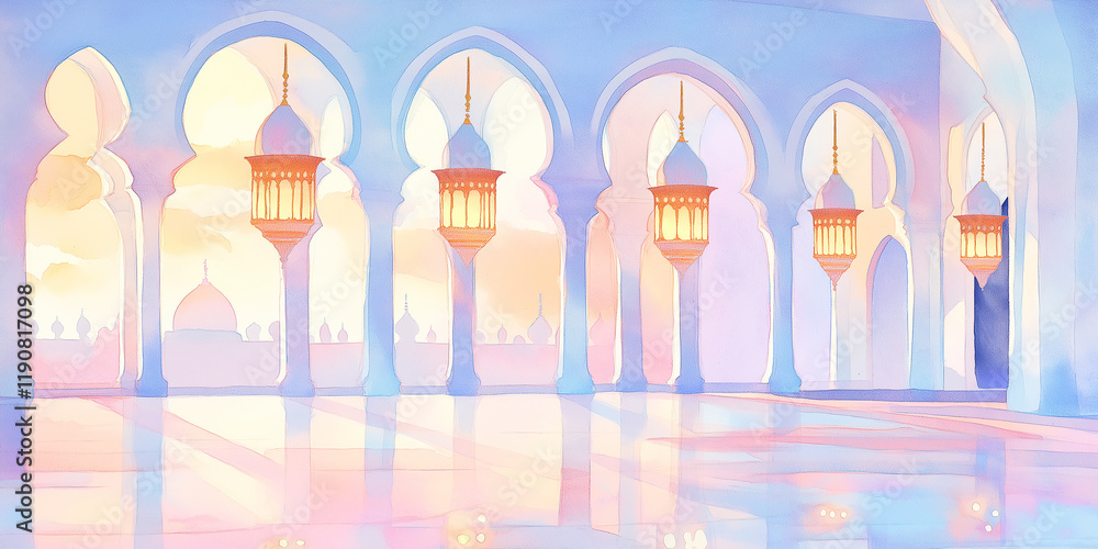 tranquil mosque at dusk painted in soft pastel tones with glowing lanterns
tranquil mosque at dusk painted in soft pastel tones with glowing lanterns