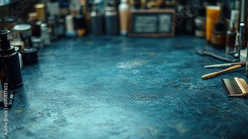 Fototapeta Naklejka Na Ścianę i Meble -  Hairdressing tools are arranged on a dark background with ample space in the center for additional text