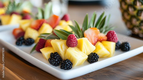 Colorful Tropical Fruit Medley Featuring Pineapple, Bananas, and Fresh Berries. tropical fruit medley, pineapple, bananas, berries, fresh fruit salad, vibrant fruit mix, exotic fru photo