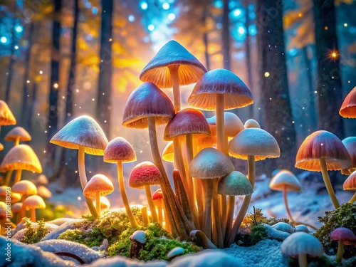 Surreal Snowy Waxcap Mushrooms: Dreamlike Cluster of Cuphophyllus virgineus Fungi photo