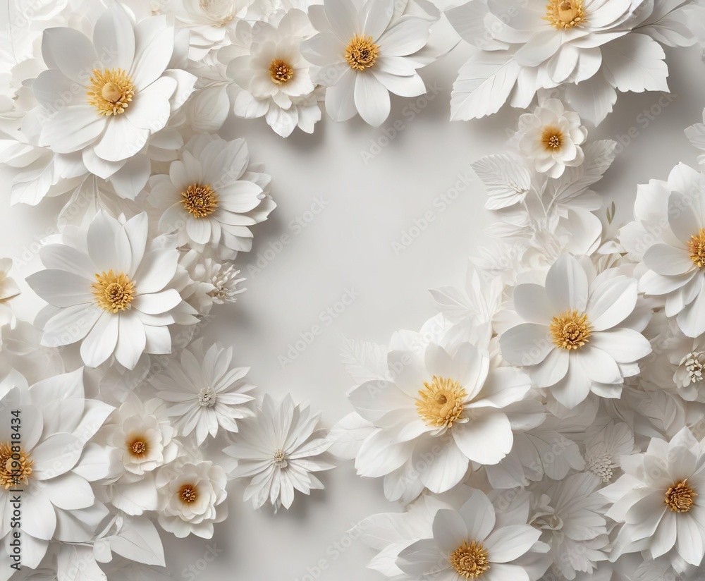 Fototapeta premium Diagonal composition of white paper flower decorations on a white backdrop, trend, artistic
