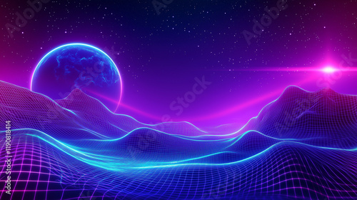 Futuristic Digital Landscape with Neon Light Patterns and Abstract Cyber Grid. futuristic digital landscape, neon light patterns, cyber grid, abstract design, digital art, neon glo photo