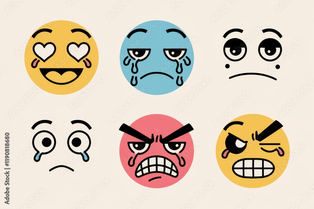 Collection Of Six Diverse Emoticon Faces Showing Various Emotions Collection Of Six Diverse Emoticon Faces Showing Various Emotions