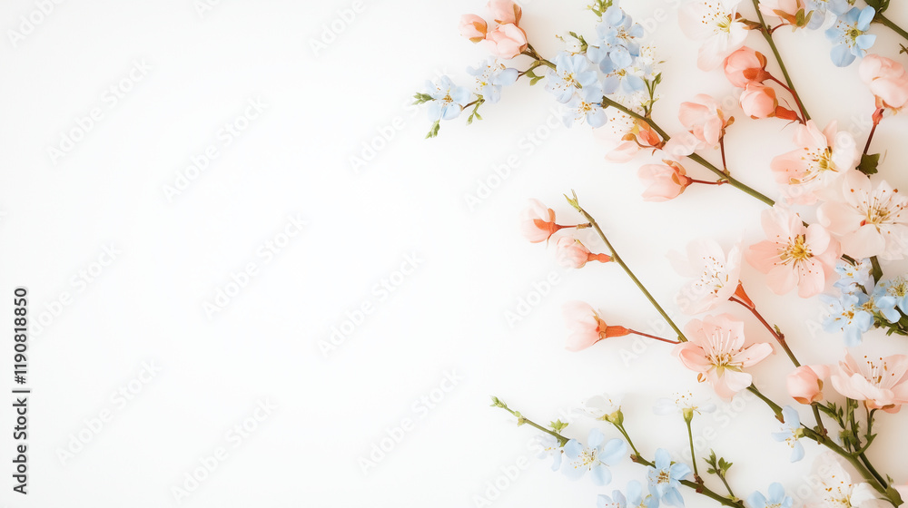 Fototapeta premium Elegant Floral Arch with Pink and Blue Blossoms Framing a White Backdrop. elegant floral arch, pink and blue blossoms, white backdrop, wedding arch, floral decor, spring flowers, r