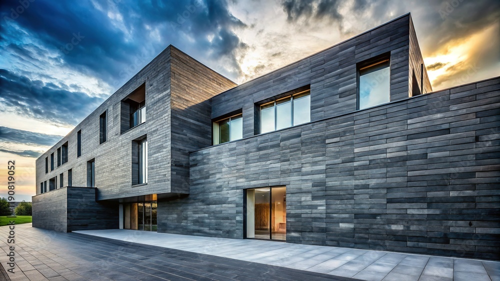 Fototapeta premium Modern Architecture Featuring Striking Slate Block Walls & Geometric Design
