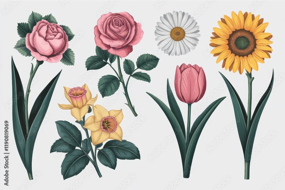 Obraz premium A Collection of Botanical Floral Illustrations Featuring Various Flowers