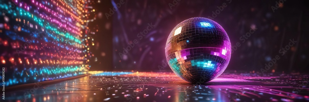 Obraz premium Disco ball surrounded by swirling patterns of colorful lights, hypnotic ambiance, disco ball