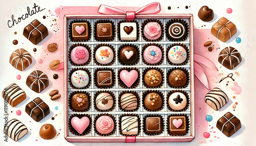 箱詰めのアソートチョコレート、ガーリーな水彩画