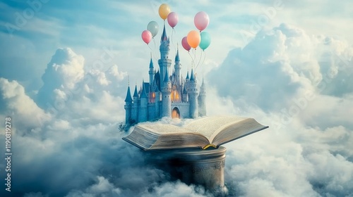 Fototapeta Naklejka Na Ścianę i Meble -  A dreamlike castle floating in the clouds with colorful balloons tied to its spires, an open book glowing on a pedestal, book fantasy with copy space