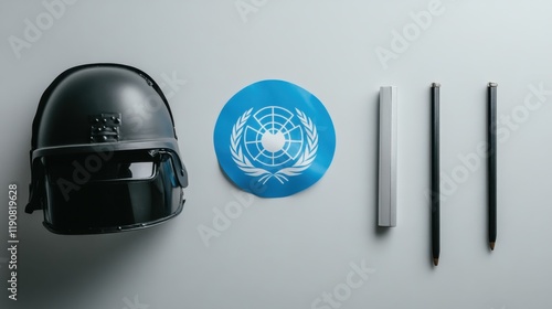 Black helmet beside emblem symbolizing international cooperation, sleek silver pen, and two black pencils, conveying themes of security, diplomacy, and peacekeeping efforts globally photo