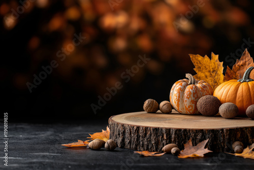 A flat wooden pedestal surrounded by fallen autumn leaves, wooden acorns, and pumpkin gourds. photo