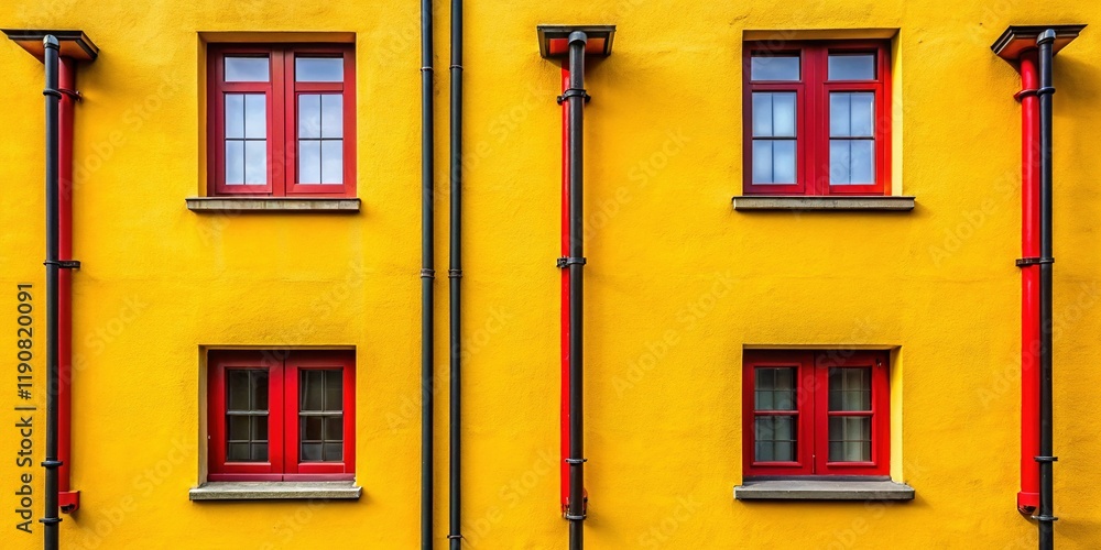 Obraz premium Symmetrical House Windows Silhouette - Red, Black & Yellow Wall